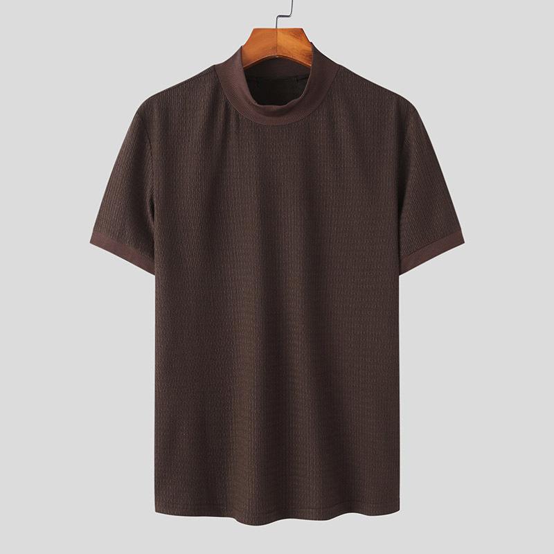 New Casual Simple Knitting Comfortable Bottoming Shirt European and American Men's Fashion High Collar Slim-Fit Water Ripple Solid Color T-shirt 7