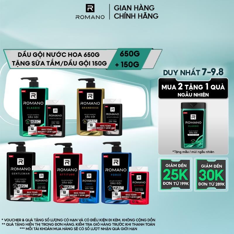 Dầu gội hương nước hoa cho nam Romano 650g + Tặng kèm Sữa Tắm/Dầu Gội Dưỡng Thể sạch khuẩn Romano 150g