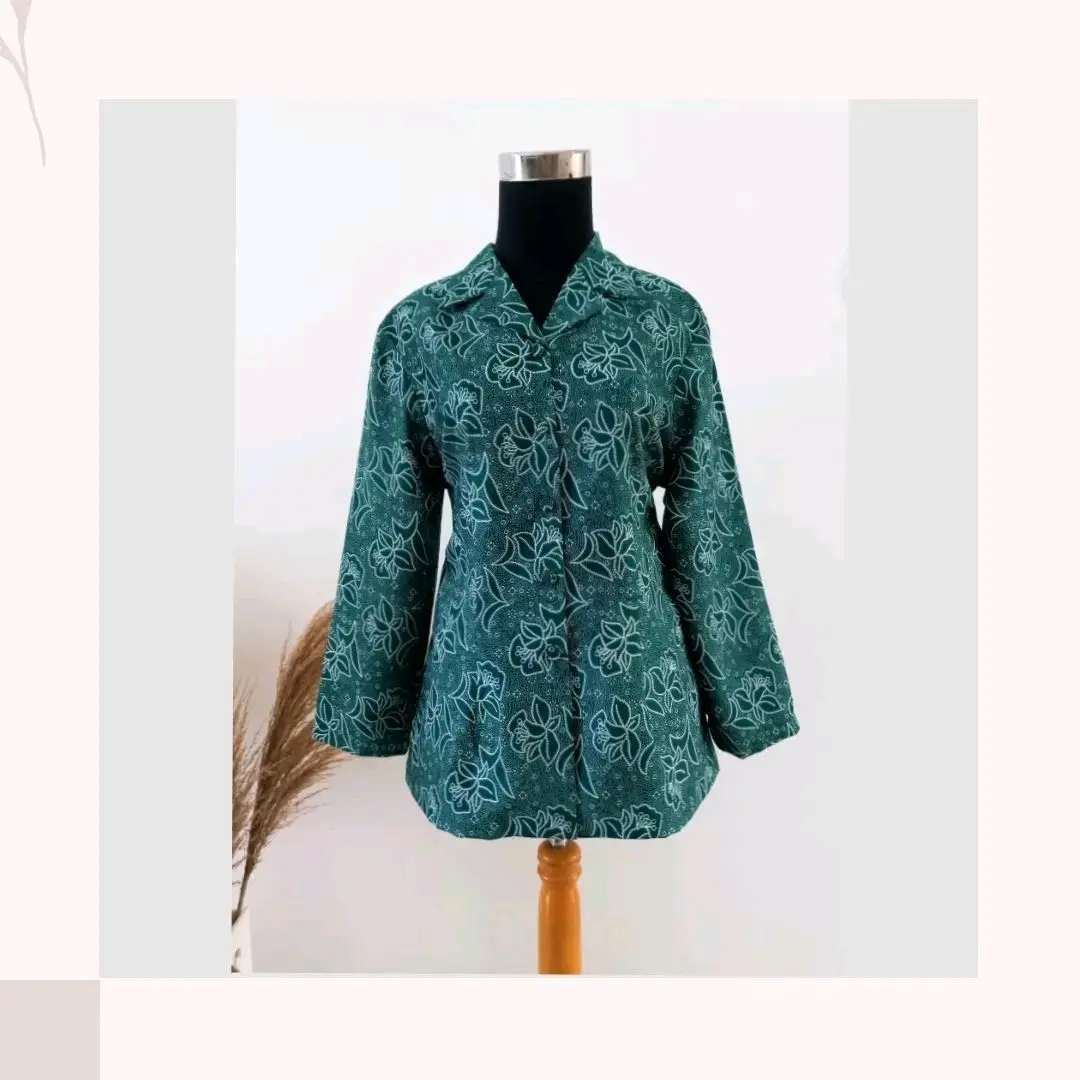 Baju Seragam Batik PKK Nasional Terbaru Hijau Tosca Lapis Furing Seragam Batik PKK V-Neck Bunga Putik 5 Blazer Wanita