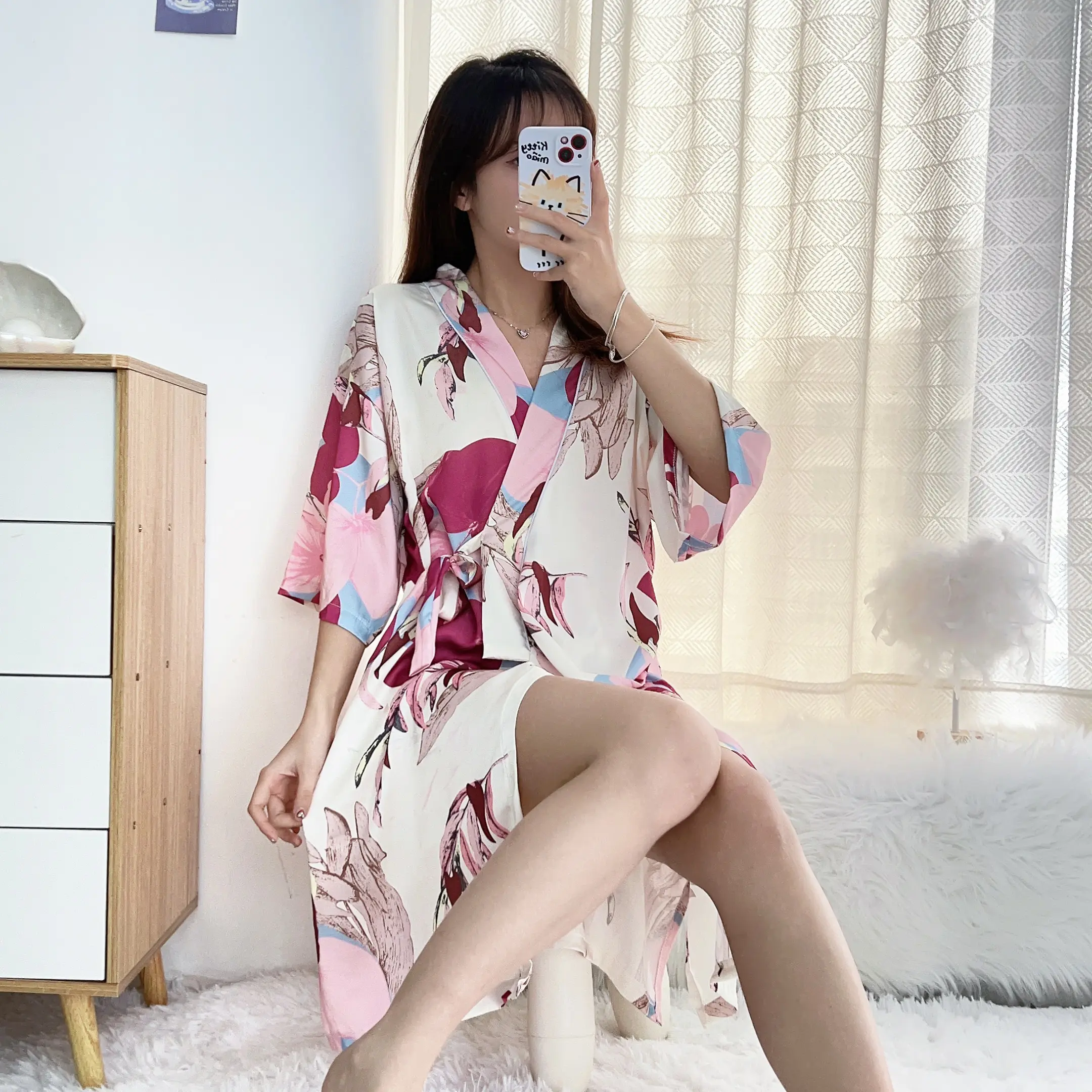 Ice Silk Nightdress Women's Half Sleeve Summer Silk Ice Silk Japanese Kimono V-neck Sexy Half-Sleeved Loose Nightdress