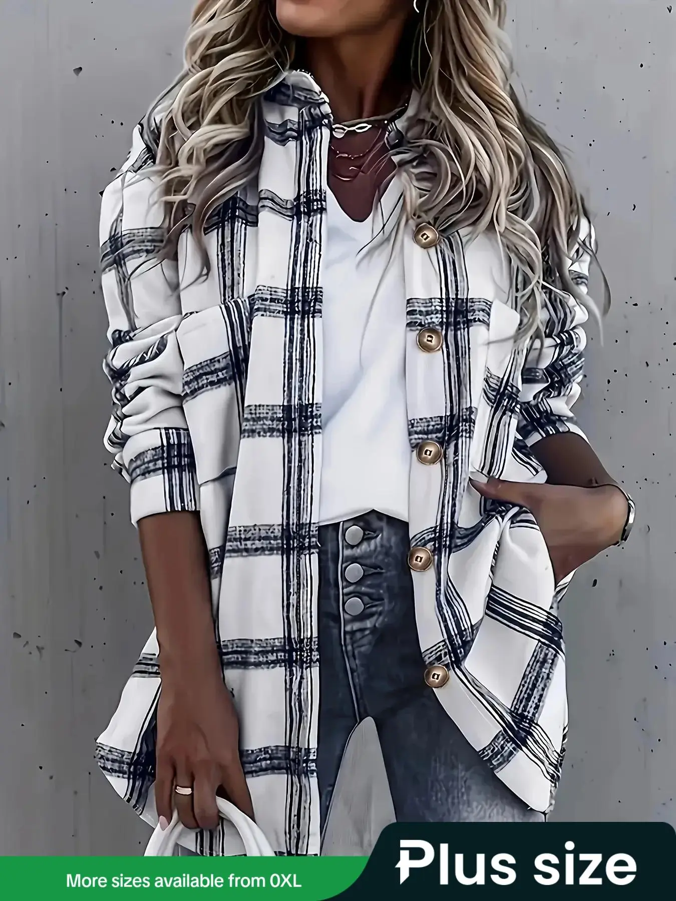 【Plus Size】 Plaid Print Button Front Shirt, Casual Long Sleeve Collared Top for Daily Outdoor Wear, Women Plus Clothing for All Seasons