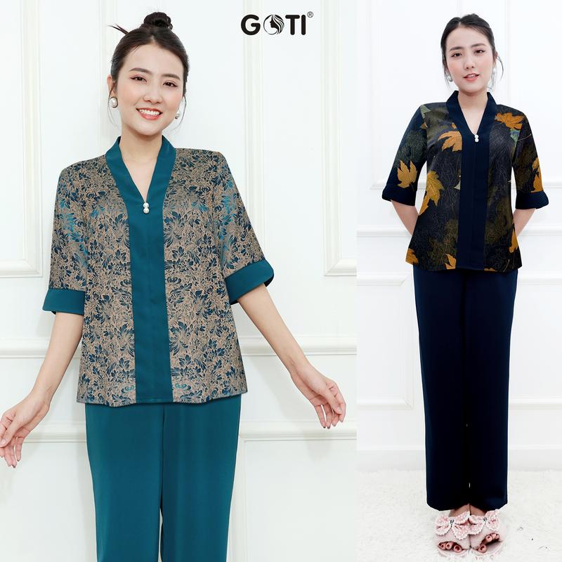 Đồ Bộ Trung Niên GOTI Mặc Lễ Tết Sang Trọng Chất Gấm Cao Cấp Cổ Chui Tay Lững Có Túi Pijama Lụa Cho Mẹ 3359 3360