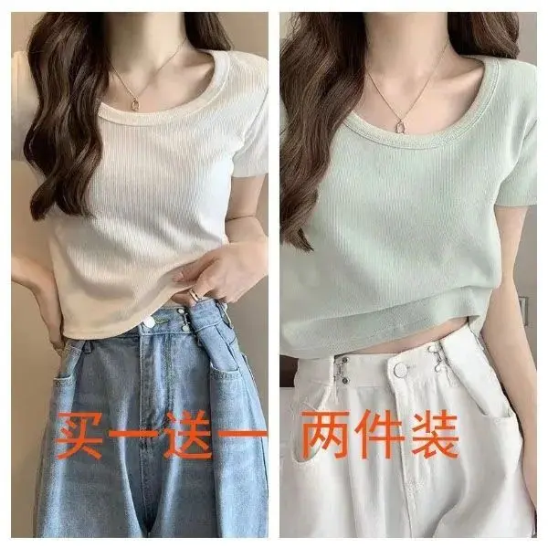 Áo Phông Bé Gái, Bộ Hai Mảnh, Chất Liệu Lụa Lạnh ngắn Tay, Thích Hợp Cho Mùa Hè, Cạp Cao, Dáng Ôm, Mặc Trong, Bó Sát, Áo Vai, Bán Chạy 3