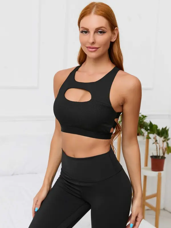 Women's Criss Cross Backless Cut Out Sports Bra, Solid Color Crop Sports Top, Workout Gym Yoga Exercise Bra Gym Outfits for Women 0