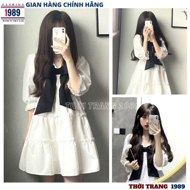 đầm nữ cổ nơ 3 tầng -váy babydoll hàn quốc kiểu tay bồng vintage -ulazzang ,váy xinh tiểu thư dễ thương siêu rẻ đi chơi đi học đi làm đều rất đẹp ,thơid trang 1989 Women Dress