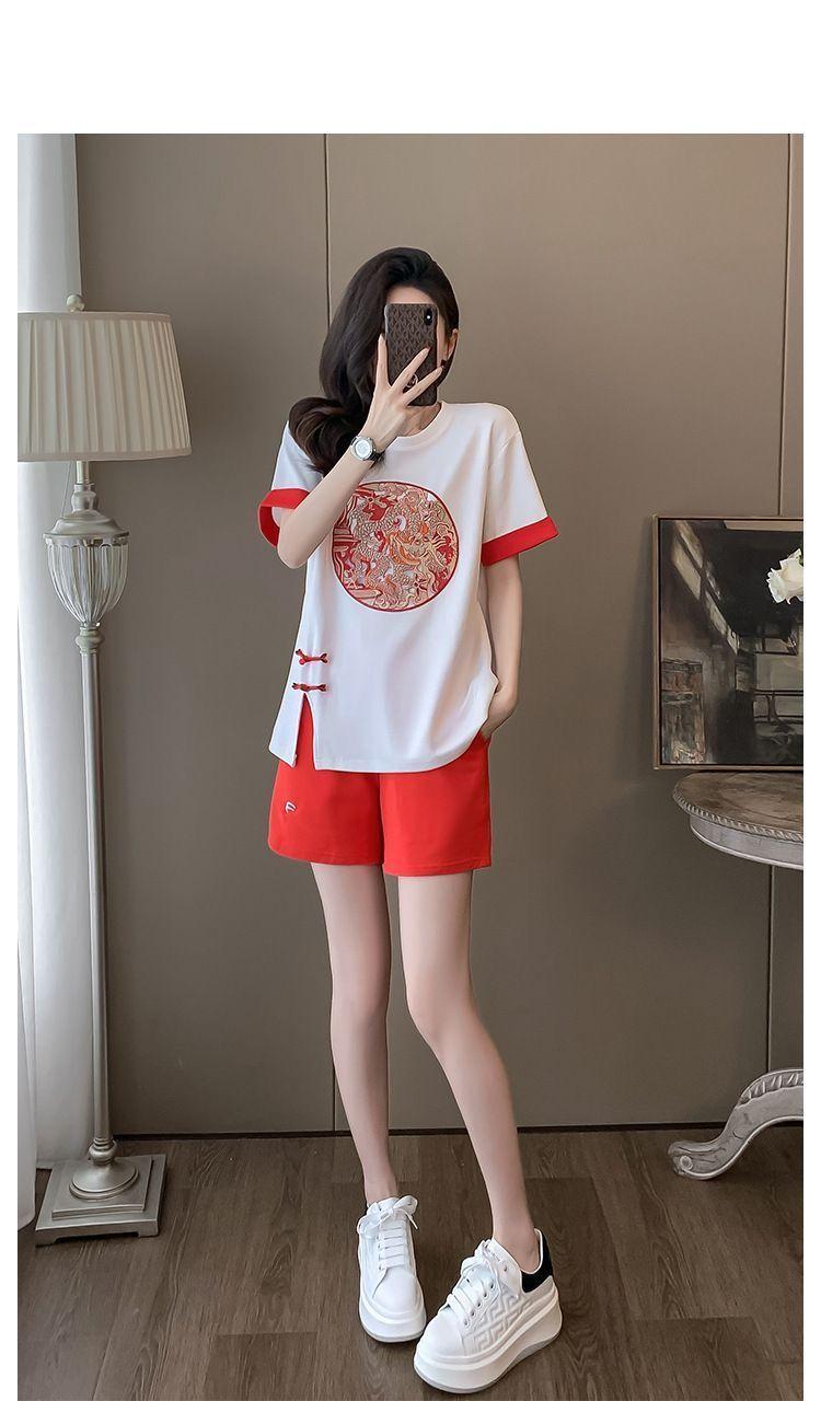 Product Introduction of New Chinese Casual Graceful Fashionable Set Women's Summer Short Sleeve Shorts Red Chinese Style Sports Popular Two-Piece Set 16