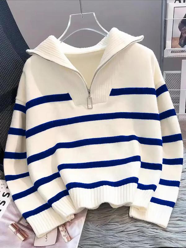 Women's Striped Print Zipper Drop Shoulder Sweater, Casual Pastel Long Sleeve Collared Mam Jumper Striped Sweater for Daily Wear, Women's Knitwear Top for Fall & Winter, Go Out Tops, Trending Clothing Women 1