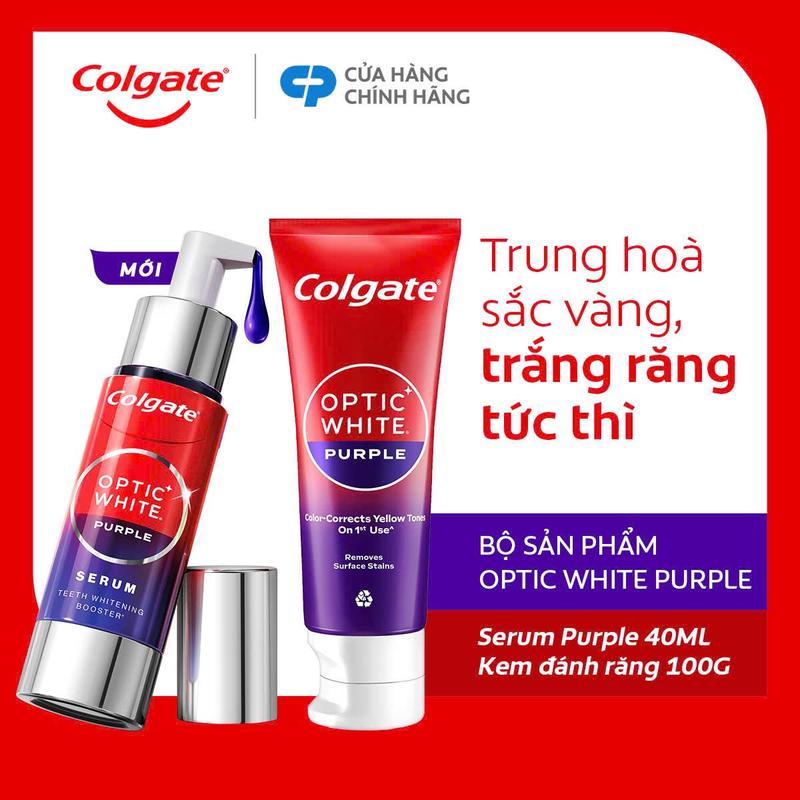  Bộ đôi Colgate trắng răng Optic White Purple - Kem đánh răng và Serum tím trung hòa sắc vàng hỗ trợ răng trắng sáng an toàn cho men răng 
