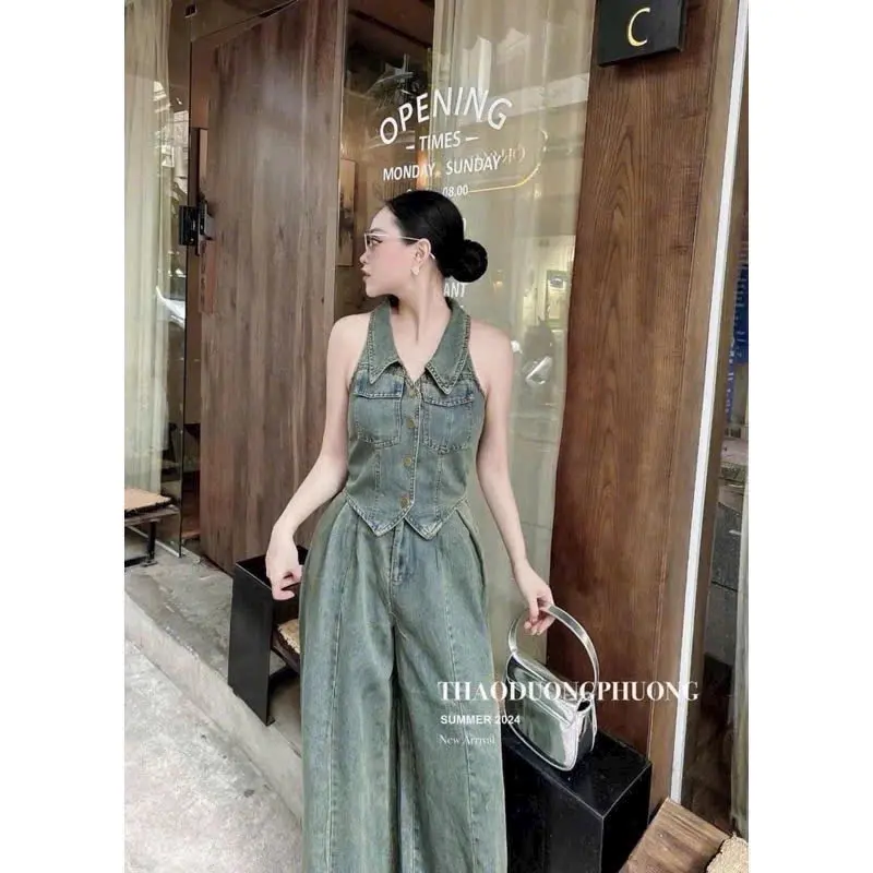 Sét bộ jean qc áo gile quần ống suông siêu xinh