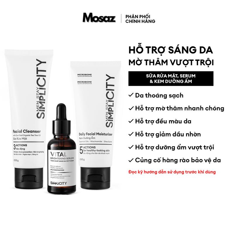 Bộ sản phẩm hỗ trợ sáng da, mờ thâm cho nam Men Stay Simplicity Brightening Trio gôm Sưa rửa mạt 100g, Serum Vital 30ml & Kem Dưỡng Am 80g