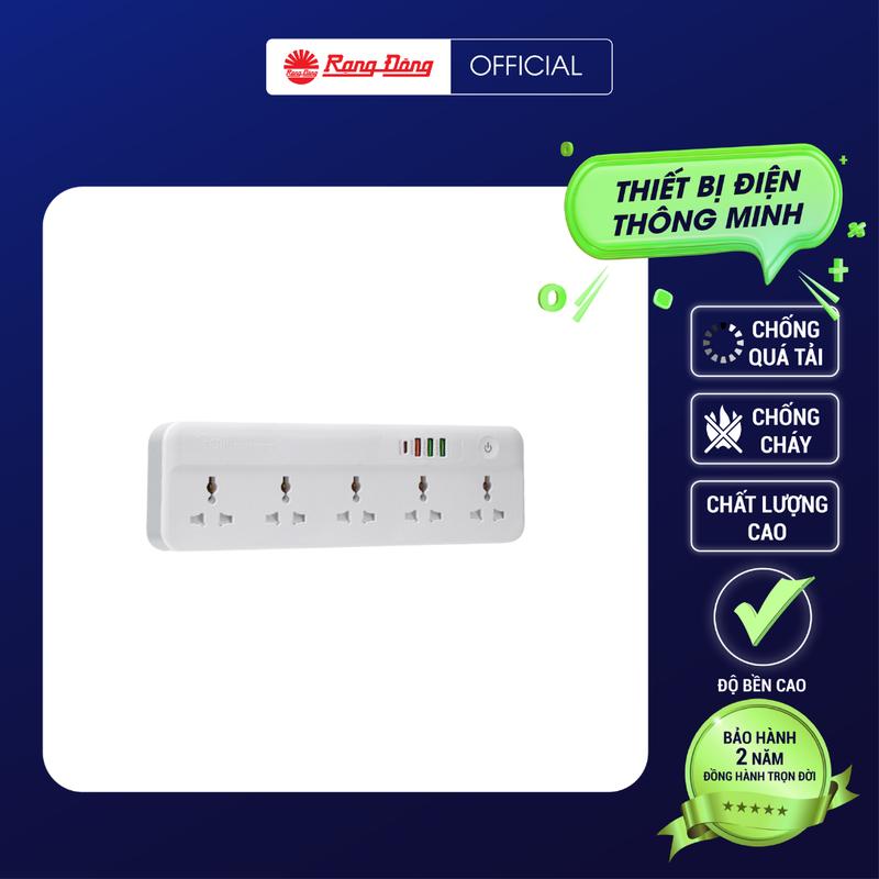 Ổ cắm thông minh Wifi Rạng Đông 5 ổ cắm + 3 cổng sạc (sạc nhanh Chuẩn QC3.0 và PD Type C 20w ) có thể điều khiển tắt mở độc lập từng công tắc, điều khiển hẹn giờ bật qua điện thoại, ra lệnh bằng giọng nói OC09.WF.USB 5C/10A\  ổ cắm đa năng