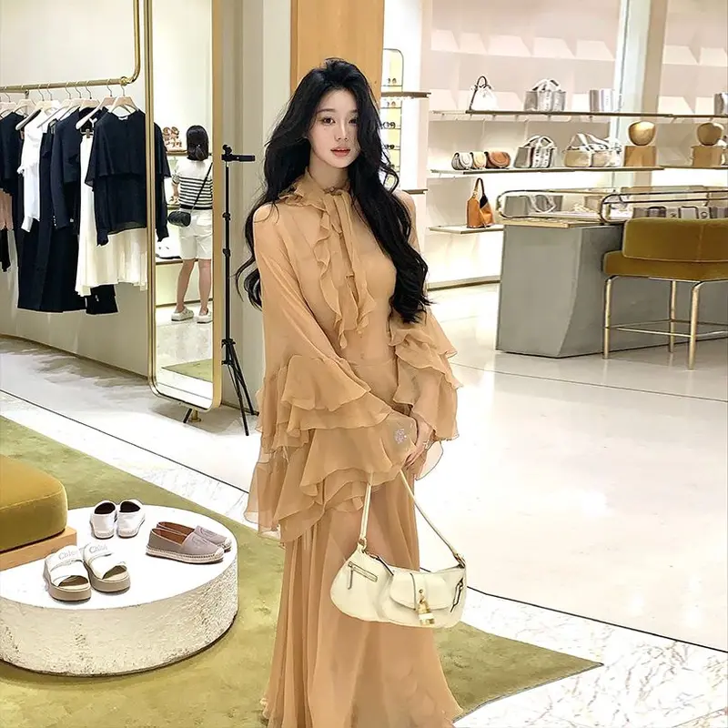 Bộ Đồ Voan, Thiết Kế Độc Đáo Cao Cấp, Phong Cách Pháp Thanh Lịch Và Đẹp Mắt, Giá Cả Phải Chăng, Thích Hợp Cho Mùa Thu Đầu Tiên Của Năm 2024, Với Thiết Kế Rỗng Phía Sau 5