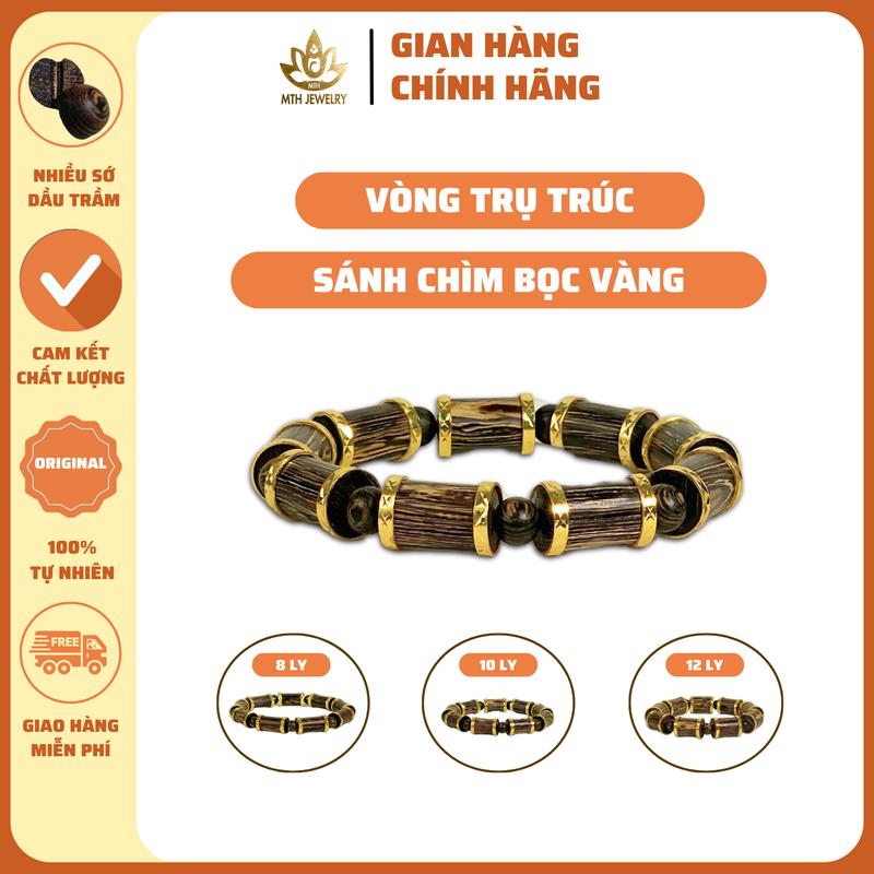 Vòng Trầm Hương Trụ Trúc Sánh Chìm Bọc Mạ Vàng MTH JEWELRY - Vòng Đeo Tay Đủ Size Nam Nữ 8/10/12mm, Phụ Kiện Voi Hộp, Túi Nhung, Lá Bồ Đề, Nụ Trầm Đốt, Dây Xâu - Chim