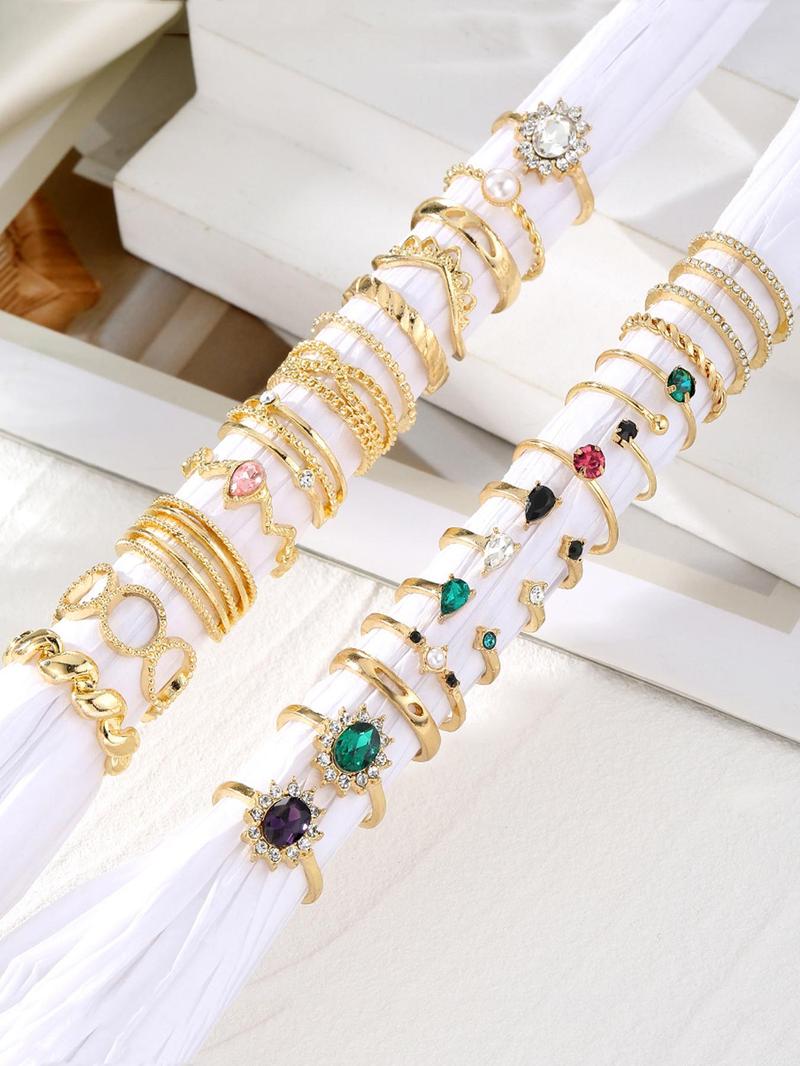 Product Introduction of Boho Style Hollow Out Design Ring Set, Fashion Artificial Gemstone & Faux Pearl Decorated Ring for Women & Girls, Trendy All-match & Exquisite Jewelry for Birthday Gift 3