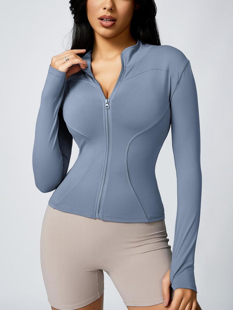 Product Introduction of Women's Thumb Holes Zip-up Long Sleeve Sports Jacket, Solid Color Stand Collar Sports Tops, Modest Fashion Slim Fit Yoga Outerwear Fits Tennis Pickleball, Workwear Gym Gear, Women's Sportswear Workout Autumn Winter Outfit, Back To School Fits 14