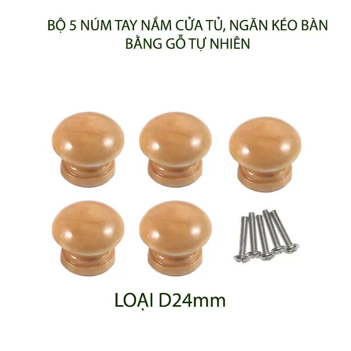 Bộ 5 núm tay nắm cửa tủ, ngăn kéo bàn, bằng gỗ tự nhiên sơn phủ bóng 5