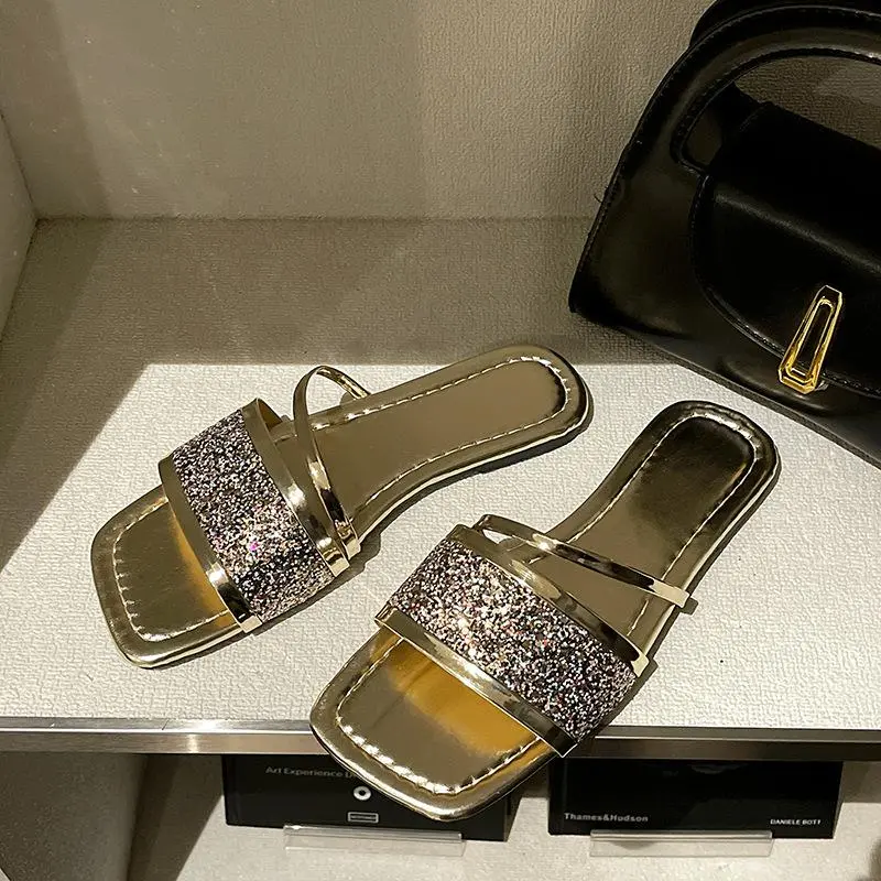 Office slippers women's new transparent rhinestone soft-soled flip-flops