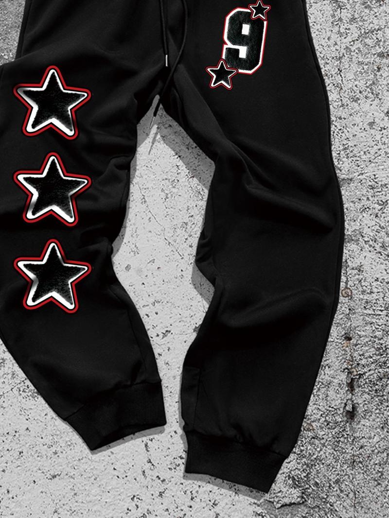 Product Introduction of Two-piece Set Men's Star  and Number Patched Drawstring Hoodie & Elastic Waist Sweatpants, Regular Fit Casual Fashion Cozy Breathable Two Piece Outfits for Daily Outdoor Wear, Men Clothes for Fall & Winter 20