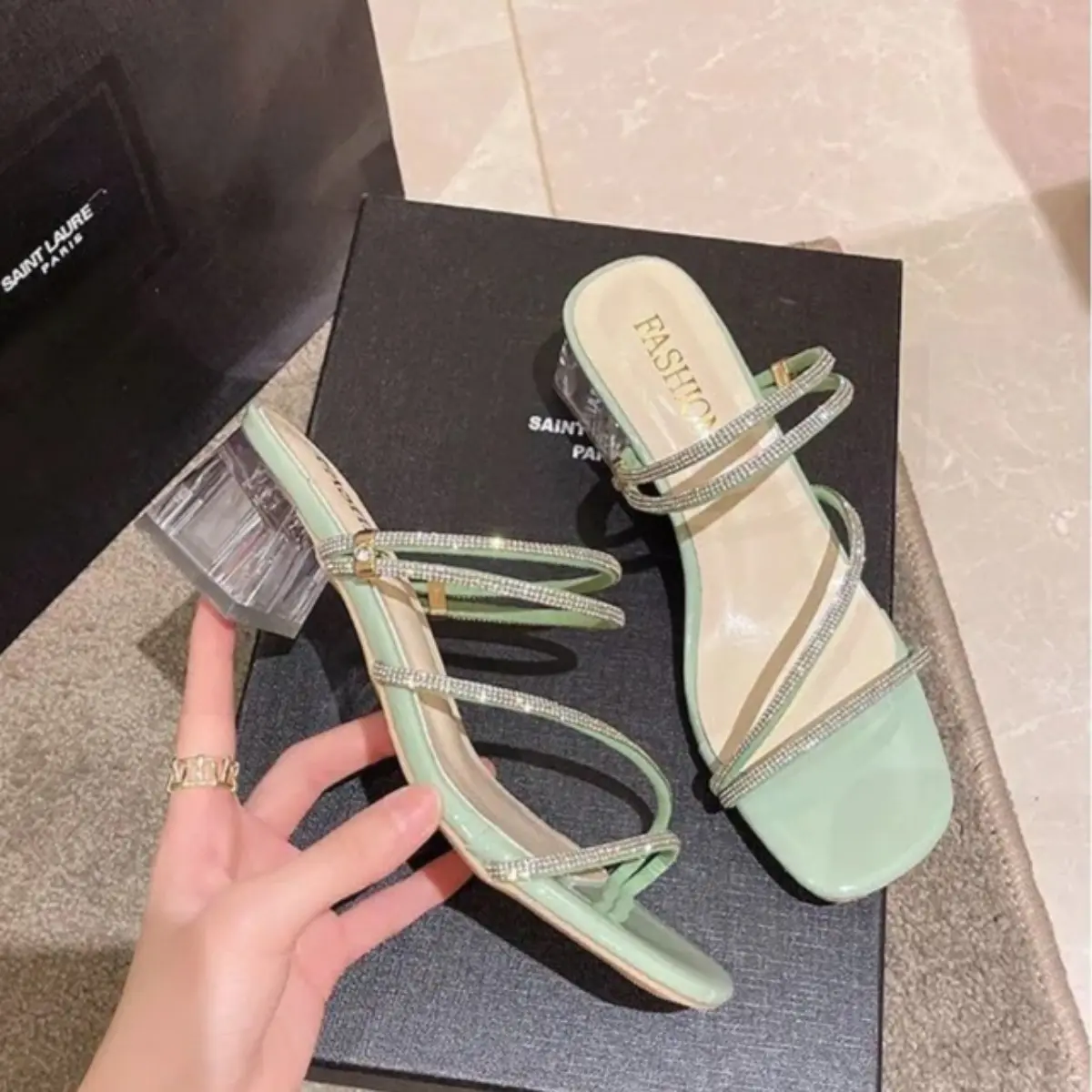 High heel slippers, block heel sandals, rhinestone high heels, 3 colors available, heel height 5 cm, size 34-40