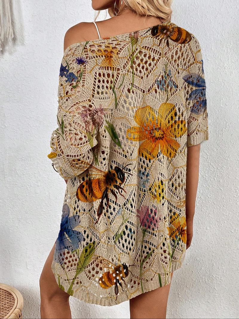 Product Introduction of Women's Floral & Bee Print Cardigan, Boho Casual Cardigan for Beach Vacation Holiday, Ladies Summer Clothes, Knitwear 2