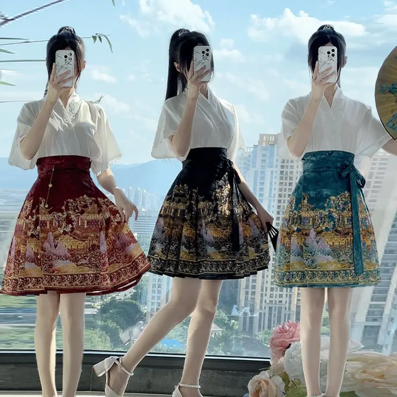 Jiusheng-Quần Áo Chính Hãng Của Phụ Nữ Hán Trung Quốc [Huamanlou] Song, Phiên Bản Sinh Viên Hàng Ngày, Váy Mặt Ngựa Mùa Hè, Mặt Ngựa Hanfu Mỏng Chân Váy