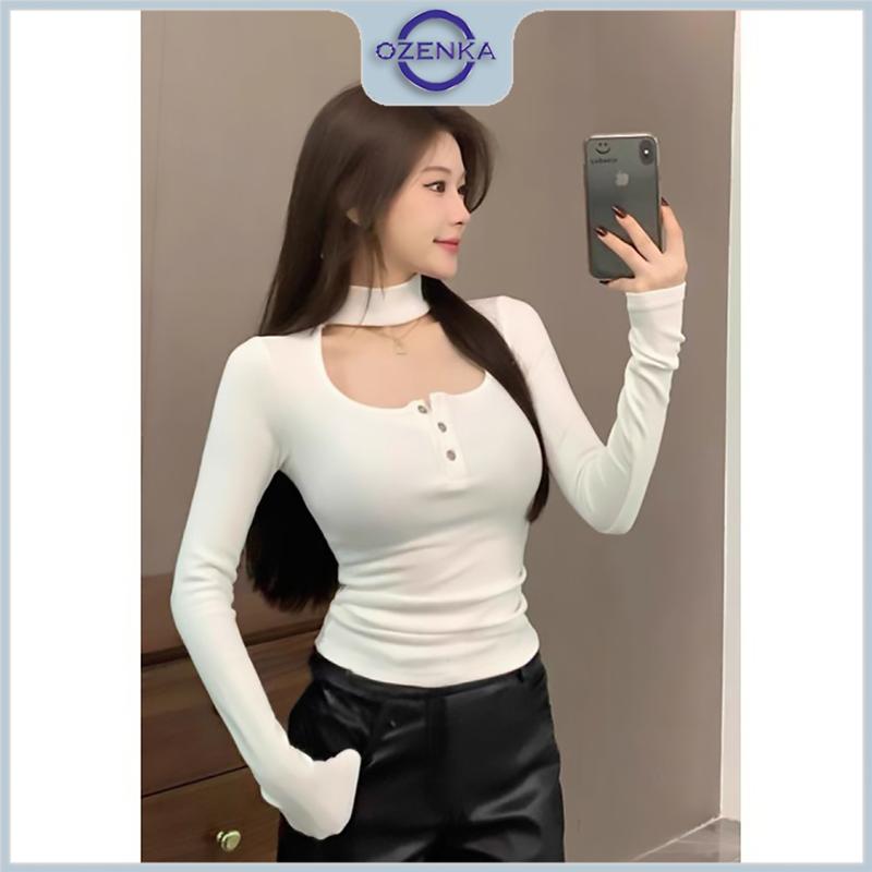  Áo baby tee croptop kiểu tay dài nhún eo khoét cổ cài khuy ozenka  áo crt thun tăm đẹp basic sang trọng màu đen trắng Nữ Nhung Shirt Voi Women 