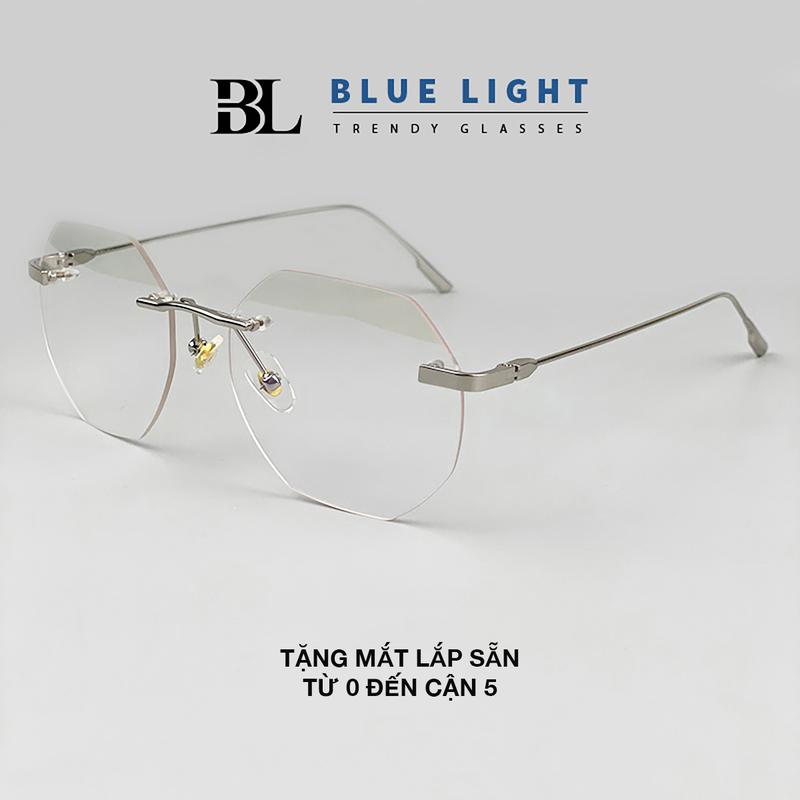 Gọng Kính Cận Kính Mắt Giả Cận Nam Nữ Gọng Khoan Không Viền Mắt Lục Giác Lắp Sẵn Mắt Từ 0 Đến Cận Gọng Kim Loại Bạc Hàn Quốc - BLUE LIGHT