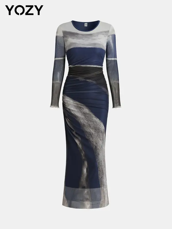 YOZY Women's All Over Print Ruched Lettuce Trim Bodycon Dress, Elegant Long Sleeve Round Neck Long Dress for Party Holiday Wedding Guest, Ladies Clothes for All Seasons 3