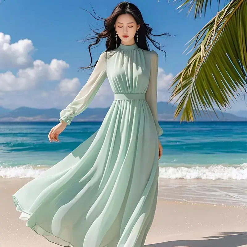 Váy Dài Bó Sát Có Khóa, Phong Cách Nhẹ Nhàng Pháp, Cao Cấp, Hoàn Hảo Cho Kỳ Nghỉ Bờ Biển, Thiết Kế Siêu Đẹp, Màu Xanh Lá Cây, Dài Tay, 2025