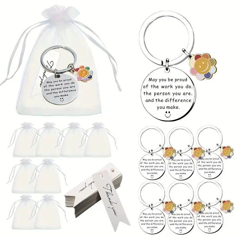 36pcs, Cute Sun Flower Stainless Steel Key Chain Employee Thank You Gift Set, Farewell Gift for Colleagues, Teacher Nurse Thank You Key Chain Set 12sets, The set includes 12pcs stainless steel key chain + 12pcs white thank you card + 12pcs white organza g