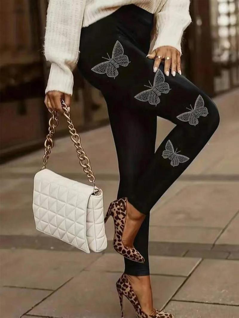 Product Introduction of 【Plus Size】 Rhinestone Decor Butterfly Pattern Leggings, Casual Comfy High Waist Skinny Pants for Women, Women's Bottoms for Fall & Winter 4