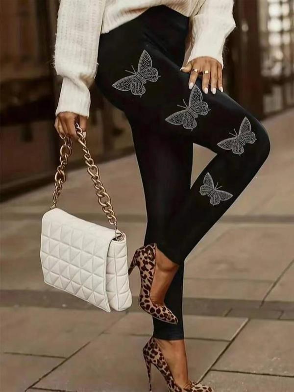 【Plus Size】 Rhinestone Decor Butterfly Pattern Leggings, Casual Comfy High Waist Skinny Pants for Women, Women's Bottoms for Fall & Winter 3