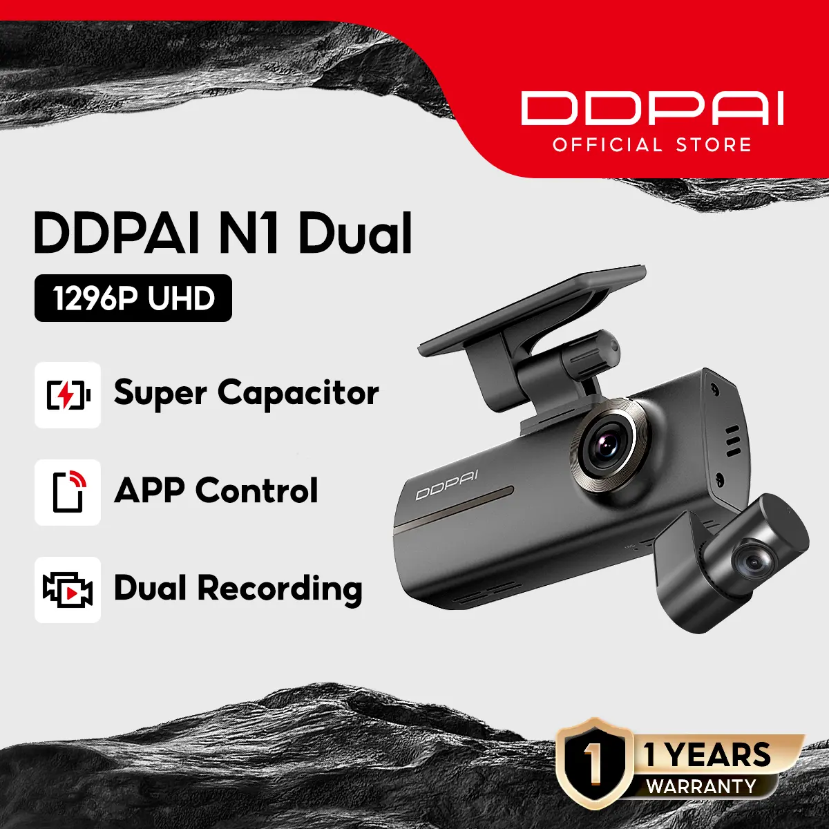 DDPAI N1 Dual Dash Cam 1296P Full View HD 135° Night Vision 24 Hours Parking Monitor