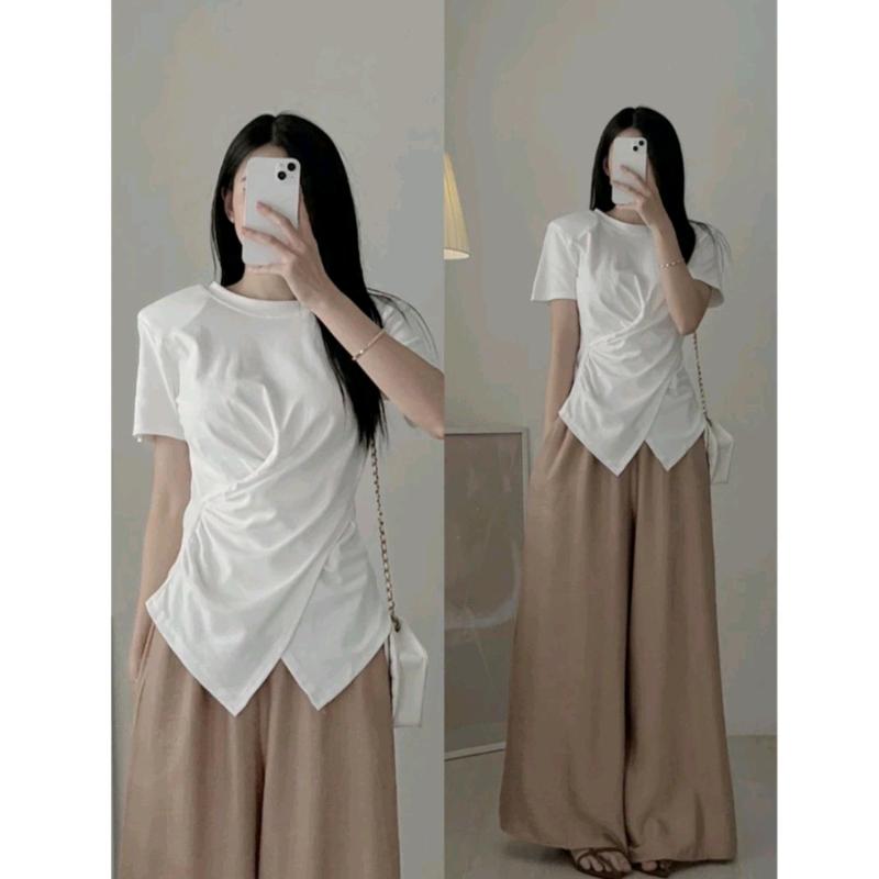 Áo thun trơn cổ tròn nhún eo vạt chéo 2
