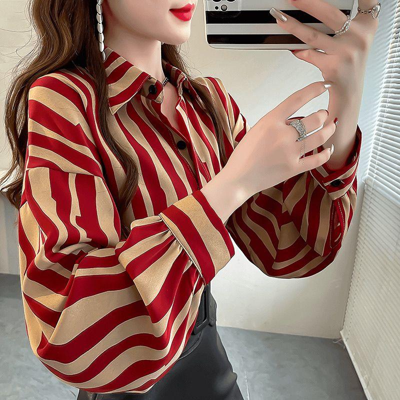 Áo Sơ Mi Voan, Tay Áo Dài, Cao Cấp, Thích Hợp Cho Mùa Thu Và Mùa Đông, Thiết Kế Ngầu Sọc, Áo Sơ Mi Có Ve Áo, Phong Cách Phương Tây, Mỏng Vừa Vặn, Áo Tay Cánh Dơi, Dành Cho Nữ