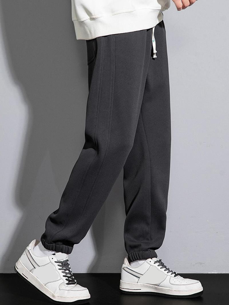 Product Introduction of Men's Solid Color Patched Drawstring Waist Thermal Lined Pants, Casual Comfy Regular Fit Elastic Waist Pocket Trousers for Daily Wear, Men's Bottoms for All Seasons 6