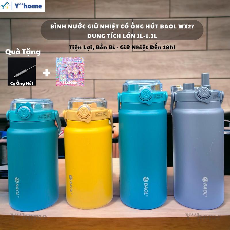 Bình giữ nhiệt có ống hút BAOL27 1L-1.3l, Bình nước dung tích lớn bằng Inox 304 cho nam và nữ, nắp bật có ống hút và quay xách, 7 Ngày Đổi Trả!