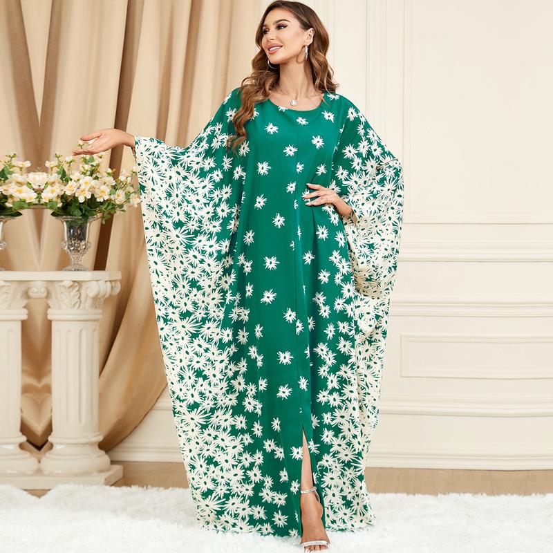 3421 Muslim Middle East Discount Fashion Clothing Green Batwing Sleeve Loose Fashion plus Size Dress 0