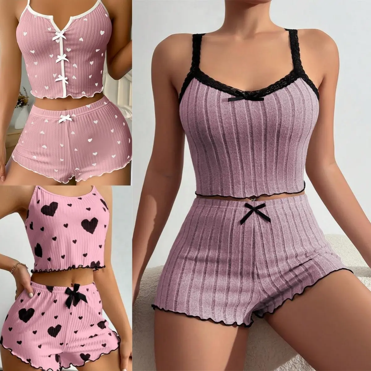 2in1 Sleepwear For Women Minimalist Creativity Printed Bow Design Home Wear Camisole Pajamas Set Comfortable Home Clothing