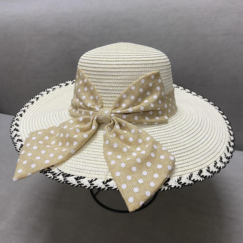 Mũ cói đi biển đính nơ chấm bi vành rộng