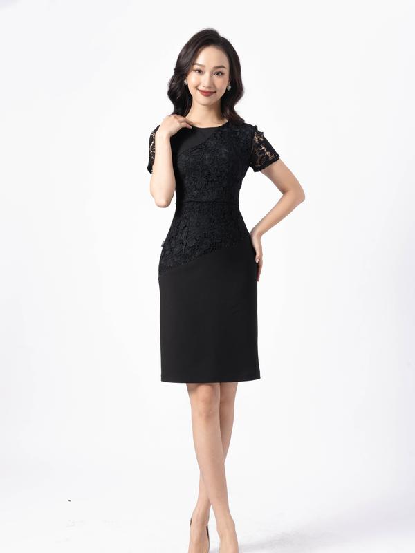 FIONA Đầm ren hoa nổi đính sợi hạt F450703 Nữ Women Dress Đen 1