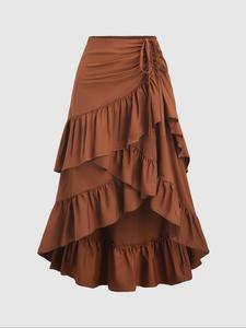 Falda de color sólido con dobladillo con volantes, falda boho de moda casual con dobladillo alto bajo para uso diario y vacaciones, partes de abajo para damas para todas las estaciones
