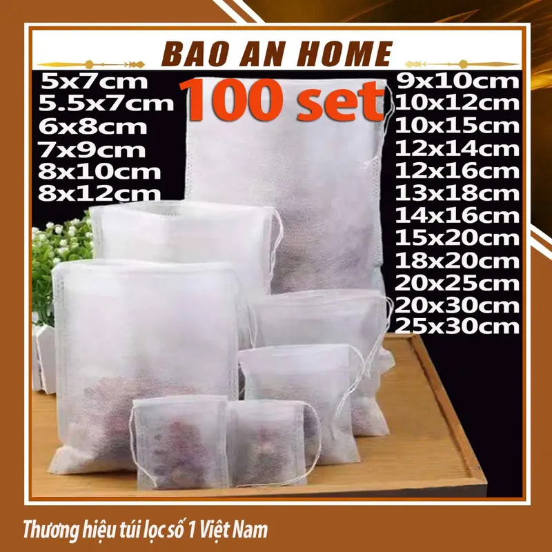 ( Sỉ ) Combo 100 túi lọc trà, thảo dược dây rút chất liệu không dệt- nhiều kích thước 0