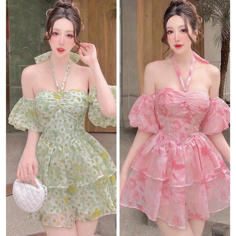 3Q243 - Đầm hoa nhí cổ yếm form ngắn cúp ngực corset đầm  lệch vai