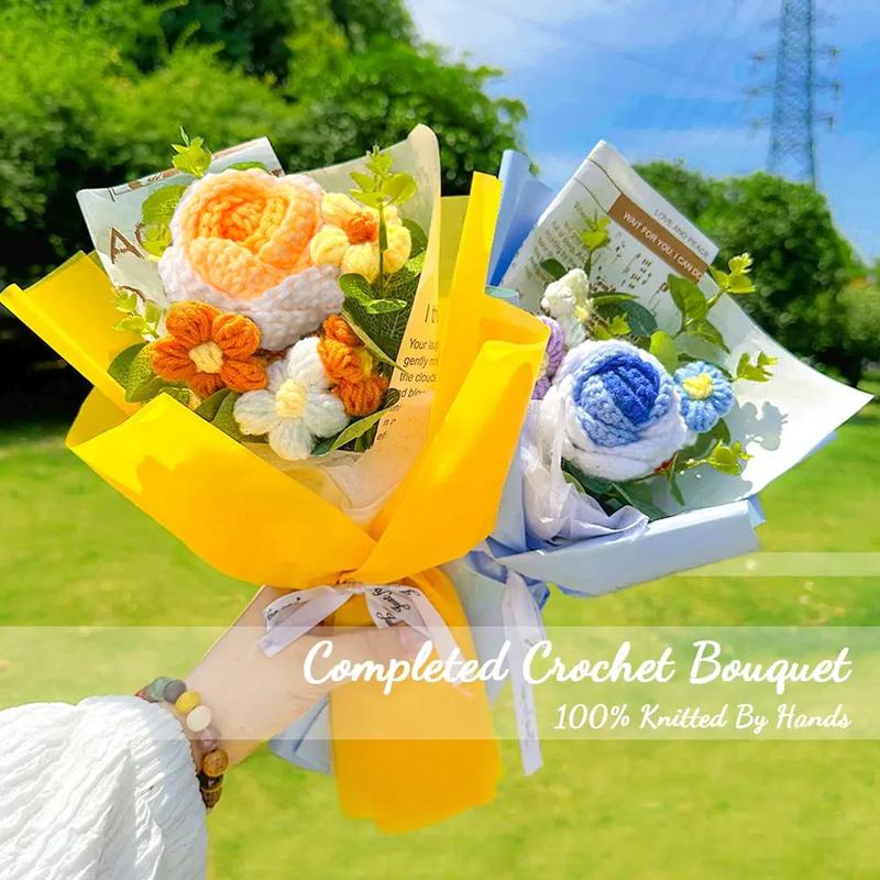 1 Count Artificial Hand Crochet Flowers Bouquet, Hand Woven Rose Flower Bouquet, Faux Knitted Sunflower Flower for Birthday Anniversary, Finished Artificial Flowers Home Decor Gift with Gift Bag 5