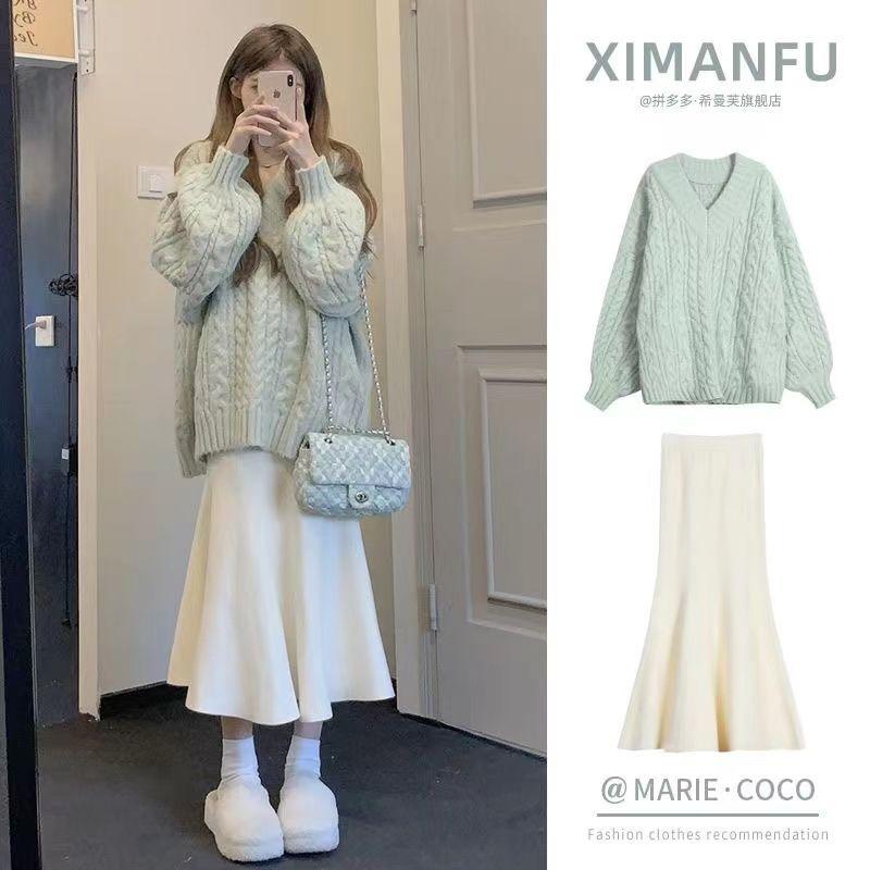 Product Introduction of Bộ Đồ Áo Len Dệt Kim, Phong Cách Nhẹ Nhàng, Dành Cho Nữ, Mùa Thu Và Mùa Đông, Phong Cách Hàn Quốc Mới, Váy Đuôi Cá Bó Sát Giấu Flab, Bộ Đồ Hai Mảnh 11