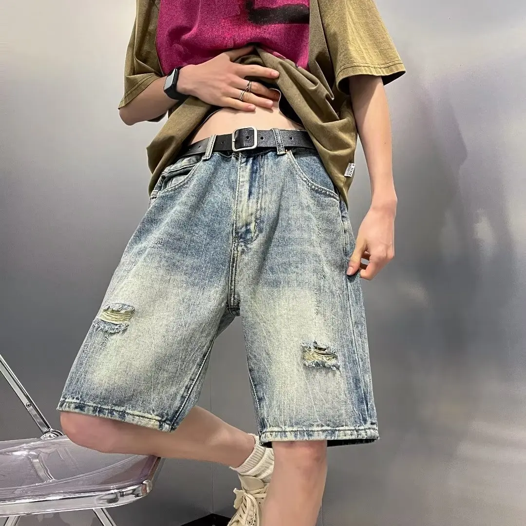Men's Summer Ripped Denim Shorts - Washed Vintage Casual Streetwear, Loose Fit American Style 5-Inch Shorts | Trendy & Retro