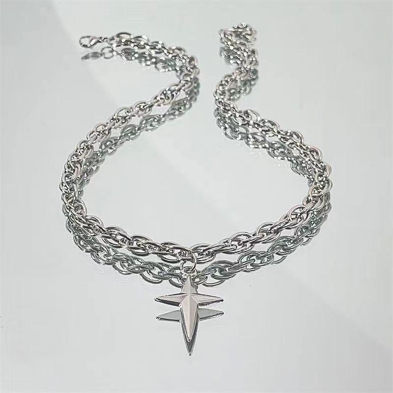 Titanium steel sweet cool babes cross star necklace ins hip hop women's sweater chain steel cold wind couple does not fade male 3