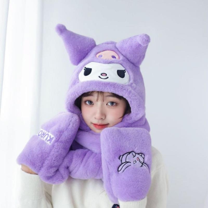 Mũ Lông Cừu 3in1 Hoạ Tiết  Kuromi Siêu Kute Mũ Kèm Khăn Quàng Cổ Và Sỏ Tay Kiểu Dáng Hàn Quốc Women Hoa 4