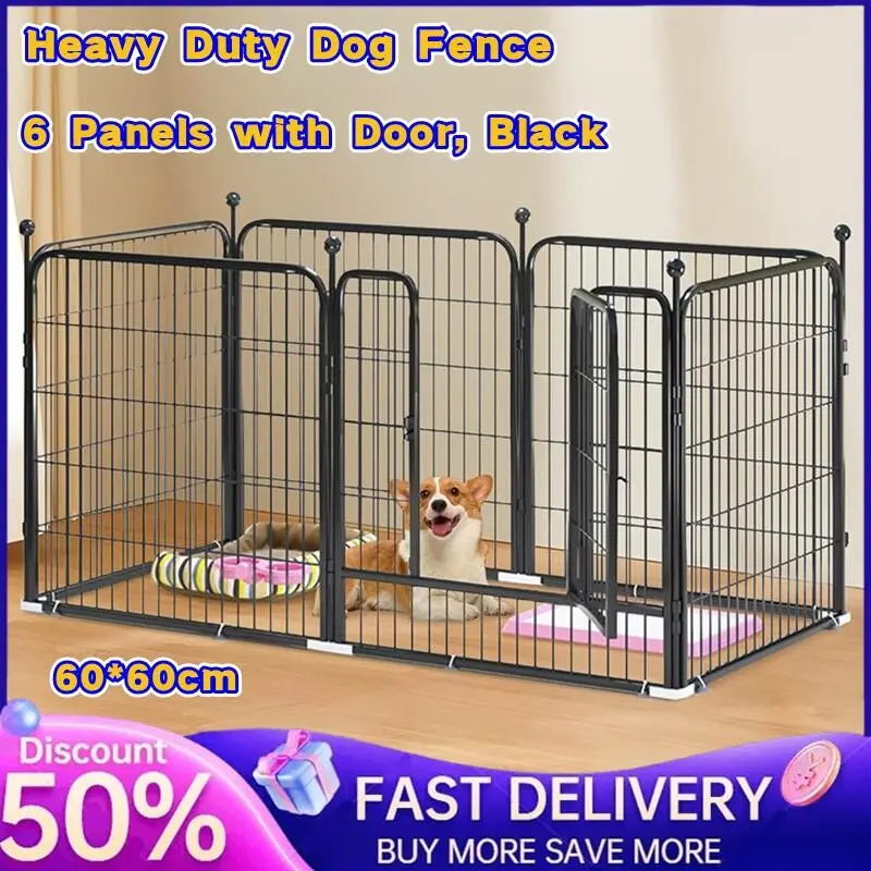 【SG Local Seller】Dog Playpen Indoor - Pet Fence Exercise Pen for Yard Gate 6 Panels Foldable Puppy Crates with Doors Metal Dog Pen for Camping, RV, Outdoor, Small/Medium Pets,60*60cm*6 pieces, Black
